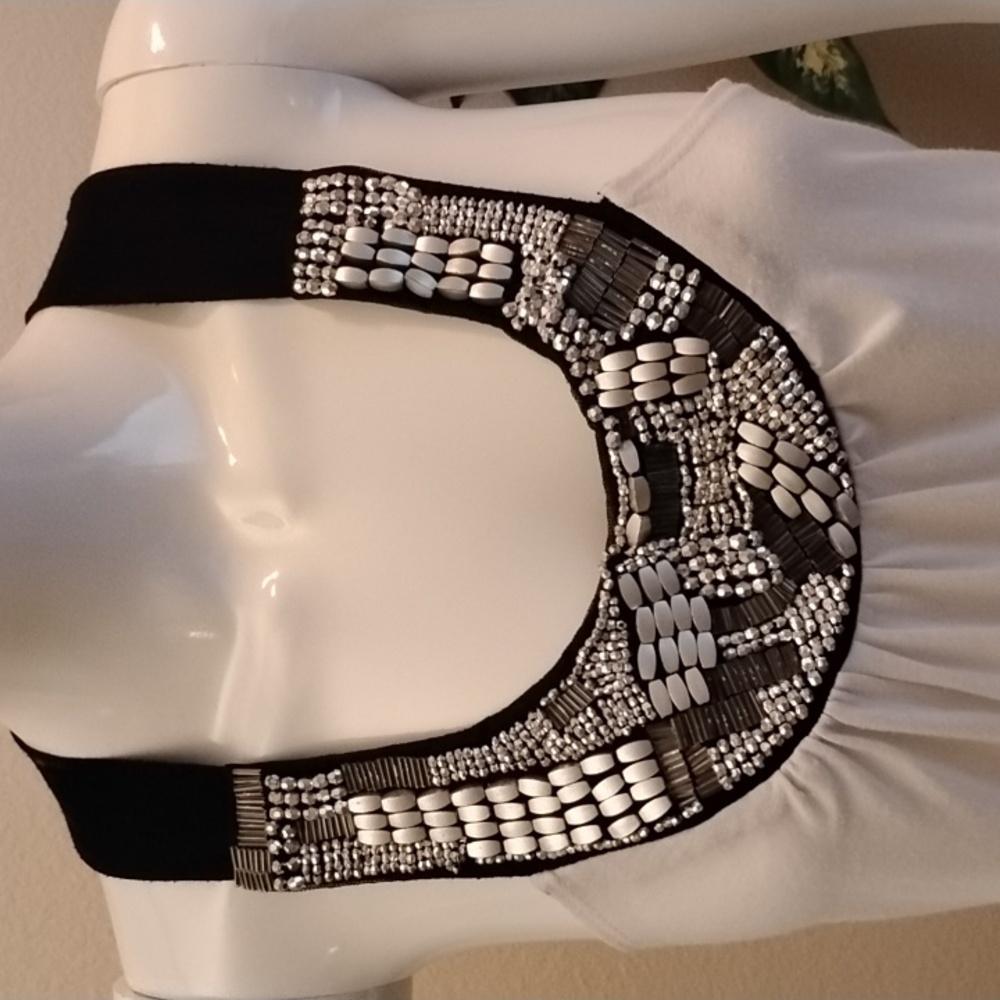 Kiwi Black and White Embellished Beaded Drop-Waist Top